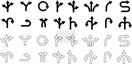 Set of black traffic arrows icon collection isolated transparent background. Flat or line vector. Bended arrow, turning, zig zag, crossroads, driving direction mark, location point crossroad circle .