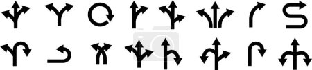 Illustration for Set of black traffic arrows icon collection isolated transparent background. Flat vector. Bended arrow, turning, zig zag, crossroads, driving direction mark, location point crossroad circle . - Royalty Free Image