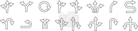 Illustration for Set of black traffic arrows icon collection isolated transparent background. line vector. Bended arrow, turning, zig zag, crossroads, driving direction mark, location point crossroad circle . - Royalty Free Image