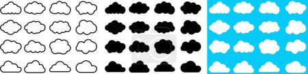 Cloud-Icons in flachem Design. Weiße, schwarze oder lineare Kartonwolken isoliert auf transparentem Hintergrund. Wolken, Winter, Sommer, Regen, Schnee, Blizzard, Regenschirm, Schneeflocke, Sonnenaufgangswindvektor