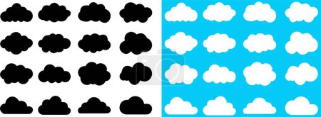Cloud-Icons in flachem Design. Weiße, schwarze Kartonwolken isoliert auf transparentem Hintergrund. Wolken, Winter, Sommer, Regen, Schnee, Blizzard, Regenschirm, Schneeflocke, Sonnenaufgangswindvektor