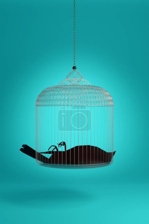 Creative animal concept. Paper Crow in a cage, on cyan background advertisement, copy text space. Book cover, editorial, poetry, Philosophy