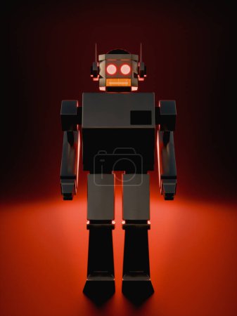 Böser metallischer Roboter auf rotem Hintergrund, künstliche Intelligenz retro 60er Jahre Roboter metlico malvado en fondo rojo, inteligencia künstliche retro 60er Jahre