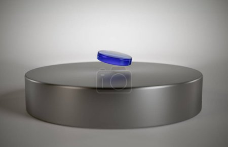 CGI-Darstellung eines supraleitenden Kristalls LK99, perfekte Form und Farbe, blaue Farbe Kupfer dotierter Bleioxo-Apatit, schwimmend über einem Magneten.