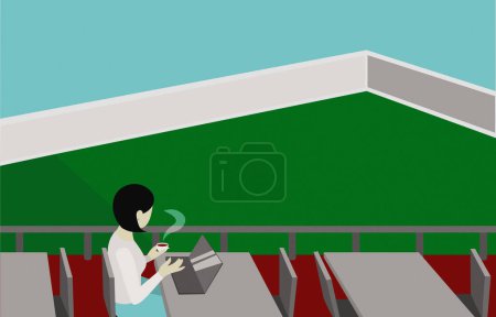 Woman getting a hot drink and working on laptop copy space Woman on electric car using smartphone apps flat style illustration replace screen with overlay layer copy space