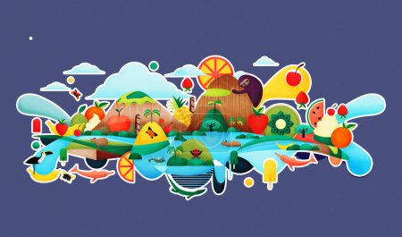 Kreatives Tierkonzept. Künstlerische Illustration von Tieren, Eis und Früchten im Dschungel Kolumbiens, abstrakt und farbenfroh. Hügel von Guaviare, Inirida, Guaina, Mavicuri