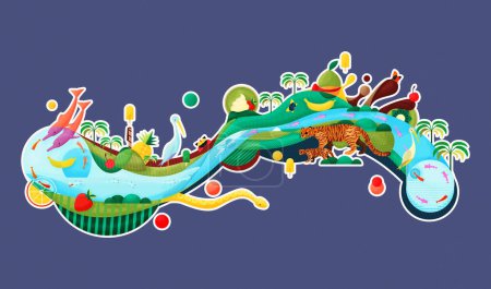 Kreatives Tierkonzept. Künstlerische Illustration von Tieren, Eis und Früchten im Dschungel Kolumbiens, Orinoco. Delphin, Fisch, Boa, Tigrillo, Reiher, Schmetterling.