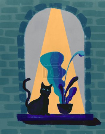 Téléchargez les photos : Illustration de chaton dans une fenêtre voûtée à côté d'une plante - Ilustracion de gatito en una ventana de arco al lado de una planta - en image libre de droit