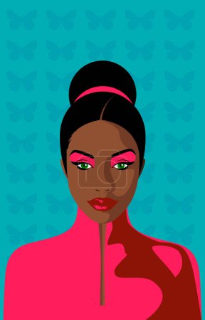 Conceptual illustration of an Afro-Colombian woman from the Colombian Pacific with a background of butterflies and green eyes, dressed in pink.