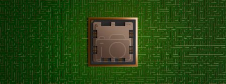 AMD Ryzen 9 AM5 on a maze of green board circuits with copper wires orthographic superior view 3D rendering banner, poster cover design, dark grainy texture, copy space