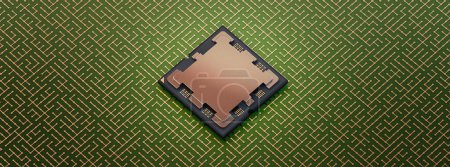 AMD Ryzen 9 AM5 sur un labyrinthe de circuits de cartes vertes avec fils et soudures de cuivre, vue orthographique, bannière de rendu 3D, conception de couverture d'affiche, texture sombre granuleuse, espace de copie