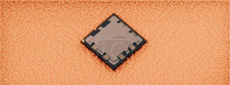 Téléchargez les photos : AMD Ryzen 9 AM5 sur un labyrinthe de circuits de carte d'énergie orange, vue orthographique, bannière de rendu 3D, conception de couverture d'affiche, texture granuleuse sombre, espace de copie - en image libre de droit
