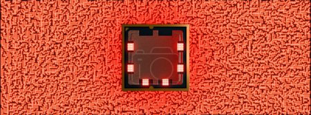 Photo for AMD Ryzen 9 AM5 on a maze of hot circuits with melting copper wires orthographic superior view 3D rendering banner, poster cover design, dark grainy texture, copy space - Royalty Free Image