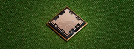 AMD Ryzen 9 AM5 sur un labyrinthe de circuits de cartes vertes avec fils de cuivre, vue orthographique, bannière de rendu 3D, conception de couverture d'affiche, texture graineuse sombre, espace de copie