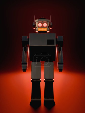 Evil metallic robot on red background, artificial intelligence retro 60s
