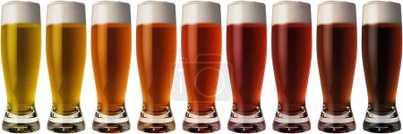 Beer color chart: A High-Quality CGI 3D Render illustration isolated background: Pale ale, Larger, Pilsner, Wheat beer, Golden Ale, Dark Ale, Porter, Stout and Imperial Stou