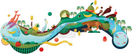 Kreatives Tierkonzept. Künstlerische Illustration von Tieren, Eis und Früchten im Dschungel Kolumbiens, Orinoco. Delphin, Fisch, Boa, Tigrillo, Reiher, Schmetterling.