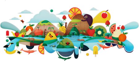 Kreatives Tierkonzept. Künstlerische Illustration von Tieren, Eis und Früchten im Dschungel Kolumbiens, abstrakt und farbenfroh. Hügel von Guaviare, Inirida, Guaina, Mavicuri.