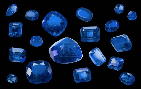 Zafiro Conjunto de joyas azules reales aisladas sobre fondo transparente Joya de corte princesa Joya de corte redondo Joya de corte esmeralda Joya oval, piedras preciosas verdes coloridas