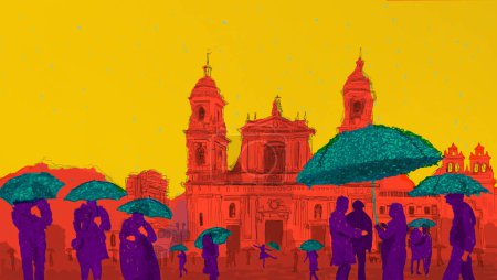 Artistic illustration of the Metropolitan and Primate Basilica Cathedral, eastern block of Plaza de Bolivar, in the historic center of the city of Bogota, corresponding to the locality of La Candelaria with people with umbrellas, Colombia