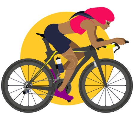 Téléchargez les illustrations : Belle femme athlétique cyclisme en tenue de sport entraînement triathlon marathon compétition plat design illustration coloré - en licence libre de droit