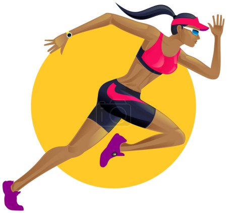 Schöne athletische Frau joggt in Sportbekleidung, Trainingstriathlon, Marathon, Laufen. Flache Design-Illustration, bunt