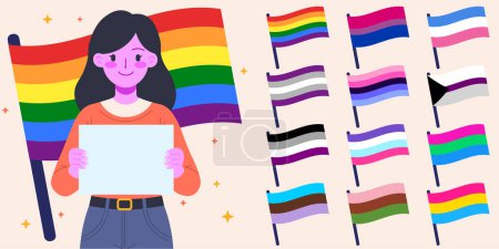Téléchargez les illustrations : Personne avec signe vierge et collecte de drapeaux d'orientation sexuelle pour remplacer l'arrière-plan - en licence libre de droit