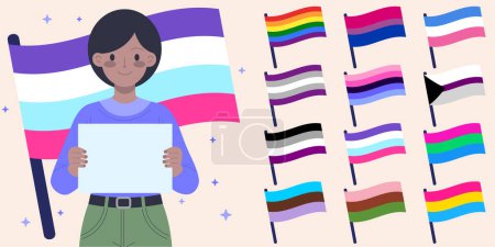 Téléchargez les illustrations : Personne avec signe vierge et collecte de drapeaux d'orientation sexuelle pour remplacer l'arrière-plan - en licence libre de droit