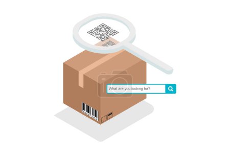 Illustration for Parcel package order tracking flat 3d isometry isometric business online store shop delivery concept web vector illustration. Big box on magnifier and micro customers. Creative people collection. - Royalty Free Image