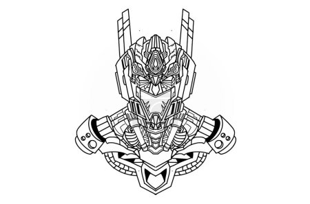 Hand drawing illustration of black white horned samurai helmet samurai with mechanical robot body