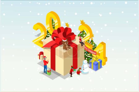 Ilustración isométrica Navidad y Año Nuevo concepto de diseño. La gente celebra Navidad y Año Nuevo con árbol de Navidad, cajas de regalo y muñeco de nieve. Adecuado para infografías e ilustración de libros