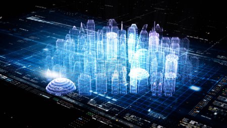 Foto de Avance de la ciudad holográfica de imágenes generadas digitalmente partículas de matriz de realidad virtual en el entorno de fondo del ciberespacio - Imagen libre de derechos