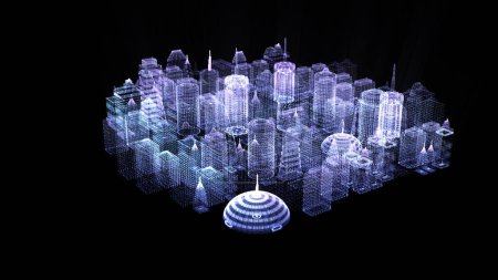 Foto de Avance de la ciudad holográfica de imágenes generadas digitalmente partículas de matriz de realidad virtual en el entorno de fondo del ciberespacio - Imagen libre de derechos
