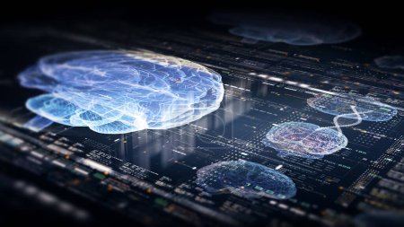 Concepto biomédico futurista de un médico usando exploración holográfica avanzada patología de la neurona cerebral de un paciente y exploración diagnóstica