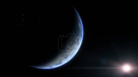 Foto de Una representación 3D cinematográfica-3d ilustración de la rotación de la subida del planeta Tierra moviéndose del lado nocturno al lado iluminado de la luz del día con el sol saliendo en el horizonte del planeta - Imagen libre de derechos