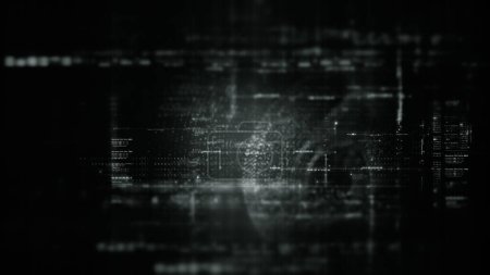 Téléchargez les photos : Matrice de données futuriste, télémétrie et affichage de simulation de nombres cryptés pour affichage tête haute dans l'environnement abstrait de mise au point du cyberespace arrière-plan - en image libre de droit