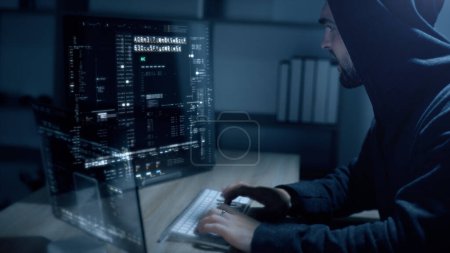 Photo for Futuristic cyber hacker operating under the guise of Anonymous, employs advanced algorithms to infiltrate cybersecurity systems and exploit vulnerabilities in password security. Concept : Cyber Hacker - Royalty Free Image