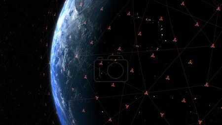 Foto de Renderizado 3d. Sistema de Posicionamiento Global GPS de satélites de navegación o satnav transmite cobertura de datos alrededor del planeta Tierra - Imagen libre de derechos