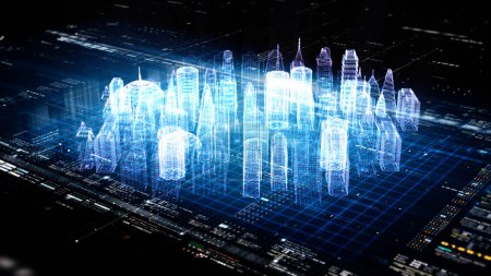 Téléchargez les photos : Advance holographic city images générées numériquement particules de matrice de réalité virtuelle dans l'environnement de fond du cyberespace - en image libre de droit