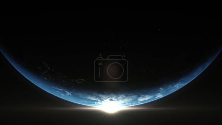 Téléchargez les photos : A cinematic rendering of planet Earth during sunrise as view from space with vibrant blue sky atmosphere - en image libre de droit