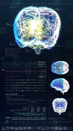 Téléchargez les photos : Illustration 3D, affichage tête haute holographique virtuel futuriste du scanner biomédical du corps humain, examen neurologique, colonne vertébrale et diagnostic cardiaque pour l'affichage de la tablette - en image libre de droit