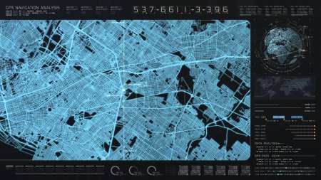 Téléchargez les photos : Plan de ville numérique futuriste avec recherche de coordonnées GPS par satellite et suivi de la cible, interface tête haute écran d'affichage avec des informations de télémétrie de données pour l'affichage en arrière-plan - en image libre de droit