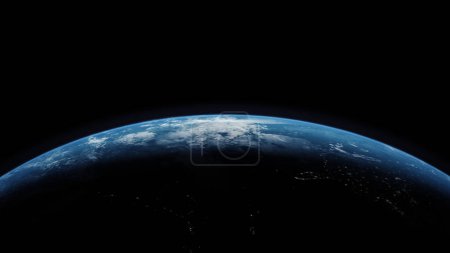 Téléchargez les photos : Illustration cinématographique en 3D de la rotation ascendante de la planète Terre se déplaçant du côté de la nuit au côté éclairé de la lumière du jour, le soleil se levant à l'horizon de la planète - en image libre de droit