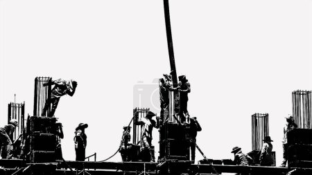 Photo for Silhouette stylized concept of construction workers on scaffolding working on industrial construction site directing cement pouring into casting mold. Construction concept - Royalty Free Image