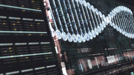 Téléchargez les photos : Illustration 3D, rendu 3D Futuriste holographique avancée biomédicale analyse de séquence d'ADN diagnostic tête haute affichage pour écran d'ordinateur de fond - en image libre de droit