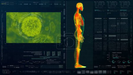 Photo for Futuristic head up display motion element virtual biomedical holographic human body scan neurological examination, axial skeleton, vertebral column, DNA and heart diagnostic for background - Royalty Free Image