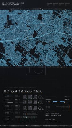 Foto de Diseño futurista del mapa digital de la ciudad con búsqueda de coordenadas GPS por satélite y seguimiento de objetivos, pantalla de visualización de cabecera de interfaz con información de telemetría de datos para la visualización de fondo - Imagen libre de derechos