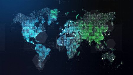 Téléchargez les photos : Communication globale futuriste 5G dans le monde entier via des connexions Internet haut débit entre les villes du monde entier avec carte continentale à particules matricielles pour l'affichage tête haute arrière-plan - en image libre de droit