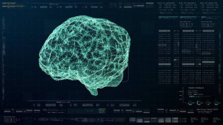 Foto de Avance cabeza arriba pantalla elemento de movimiento holográfico biomédico virtual cuerpo humano exploración neurológica, esqueleto axial, columna vertebral y el diagnóstico del cerebro para la pantalla del ordenador de fondo - Imagen libre de derechos