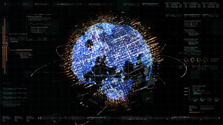 Foto de Futurista HUD global 5G comunicación mundial a través de conexiones de Internet de banda ancha entre ciudades de todo el mundo con partículas matriciales mapa continente para el fondo de pantalla cabeza arriba - Imagen libre de derechos